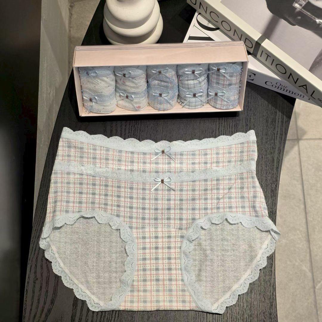 26LP30 天藍邊雙蕾絲邊透膚中腰5件禮盒裝