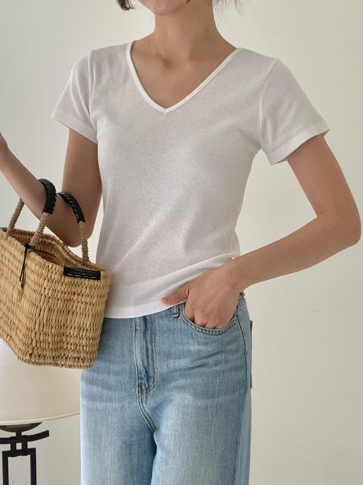 260723 福利品-棉質彈力V領羅紋透氣daily top