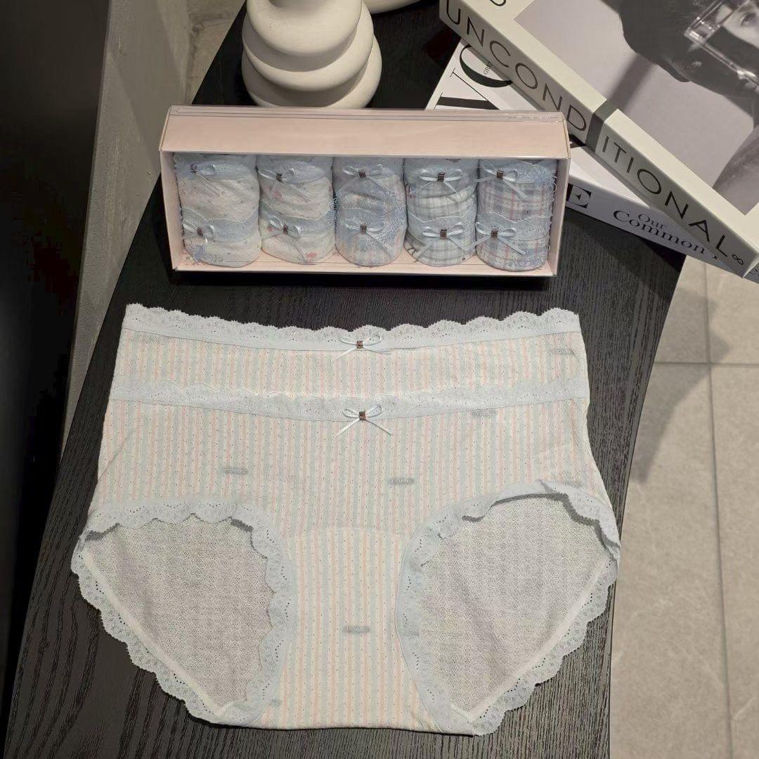 26LP30 天藍邊雙蕾絲邊透膚中腰5件禮盒裝