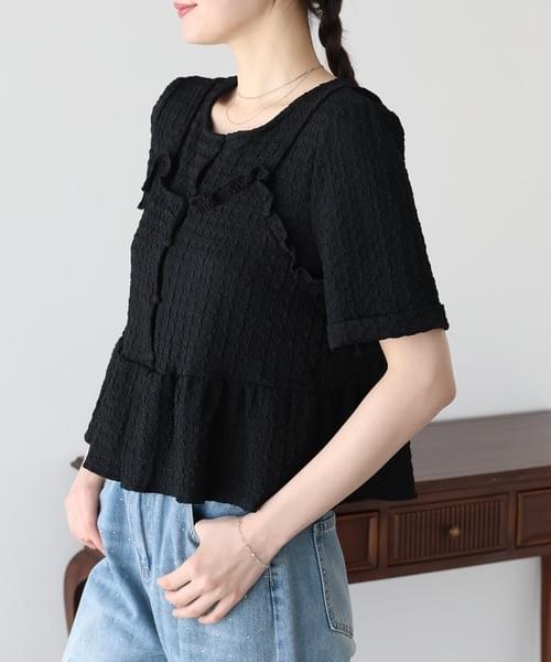 260708 輕甜奶油緹花布假2件上衣