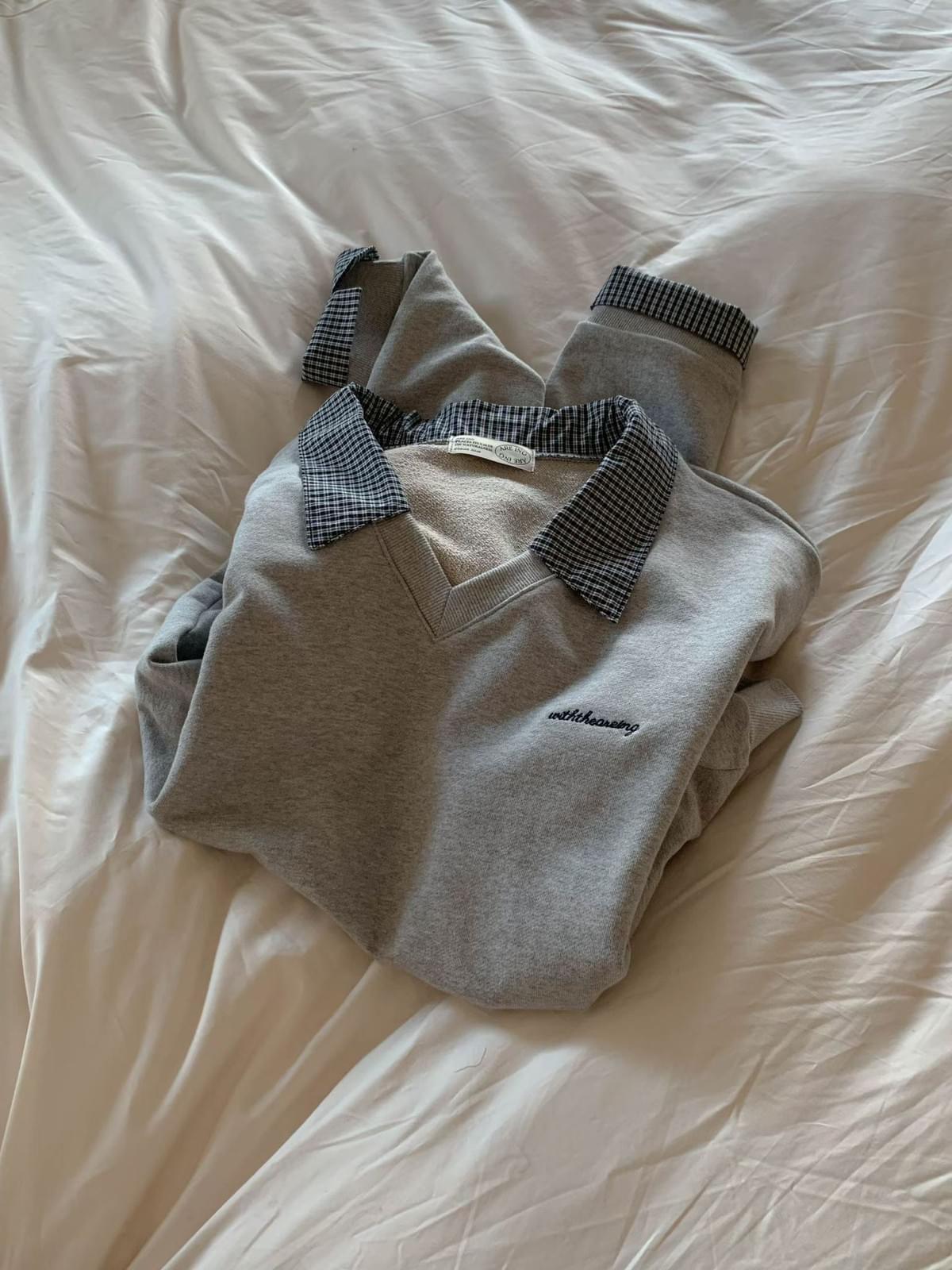 LCSS2601 假兩件格紋領衛衣