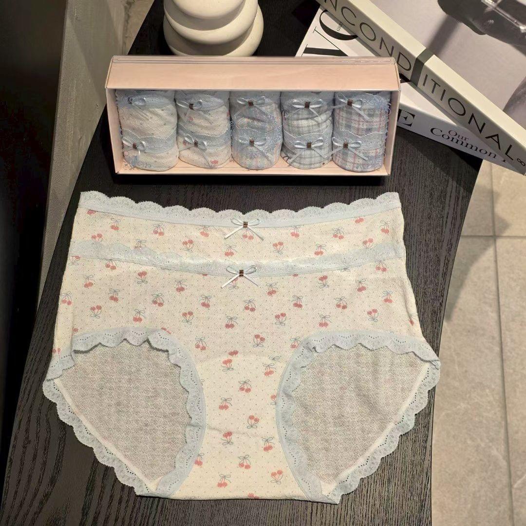 26LP30 天藍邊雙蕾絲邊透膚中腰5件禮盒裝