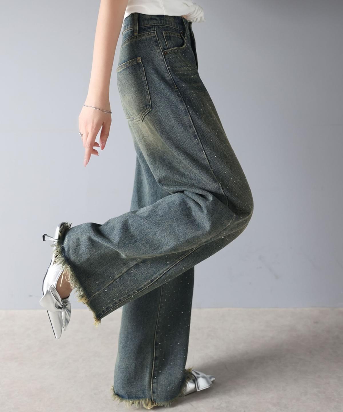 LCSS2638 極光閃石牛仔寬褲