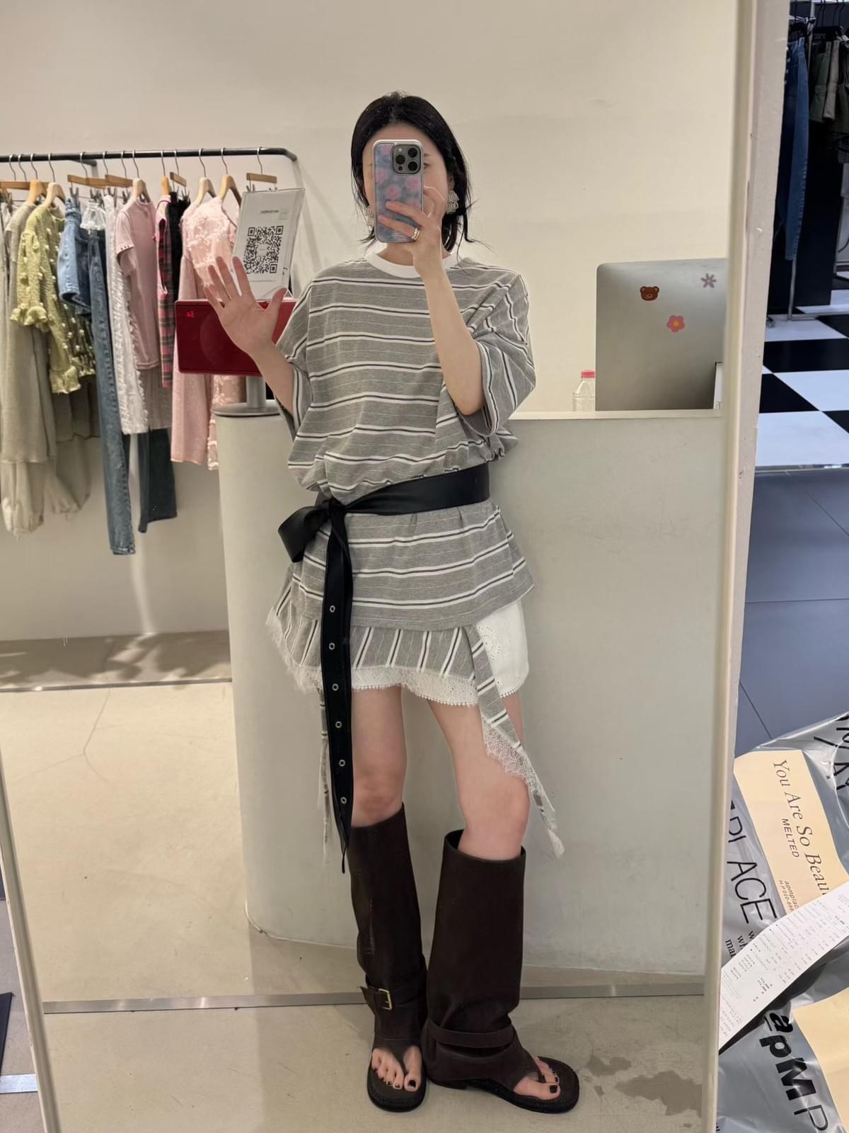 260713 拼接圓領條紋層次連身裙