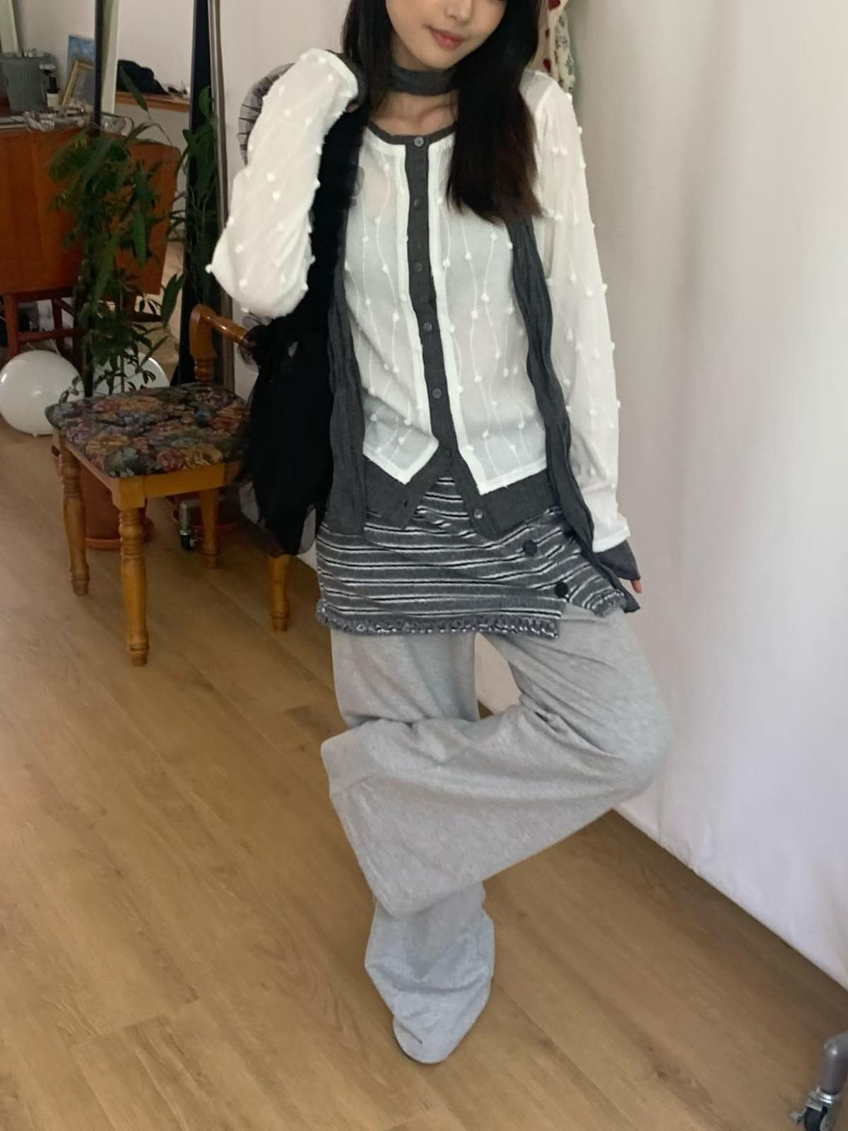 261018 韓國雪花皺褶假兩件襯衫連圍巾