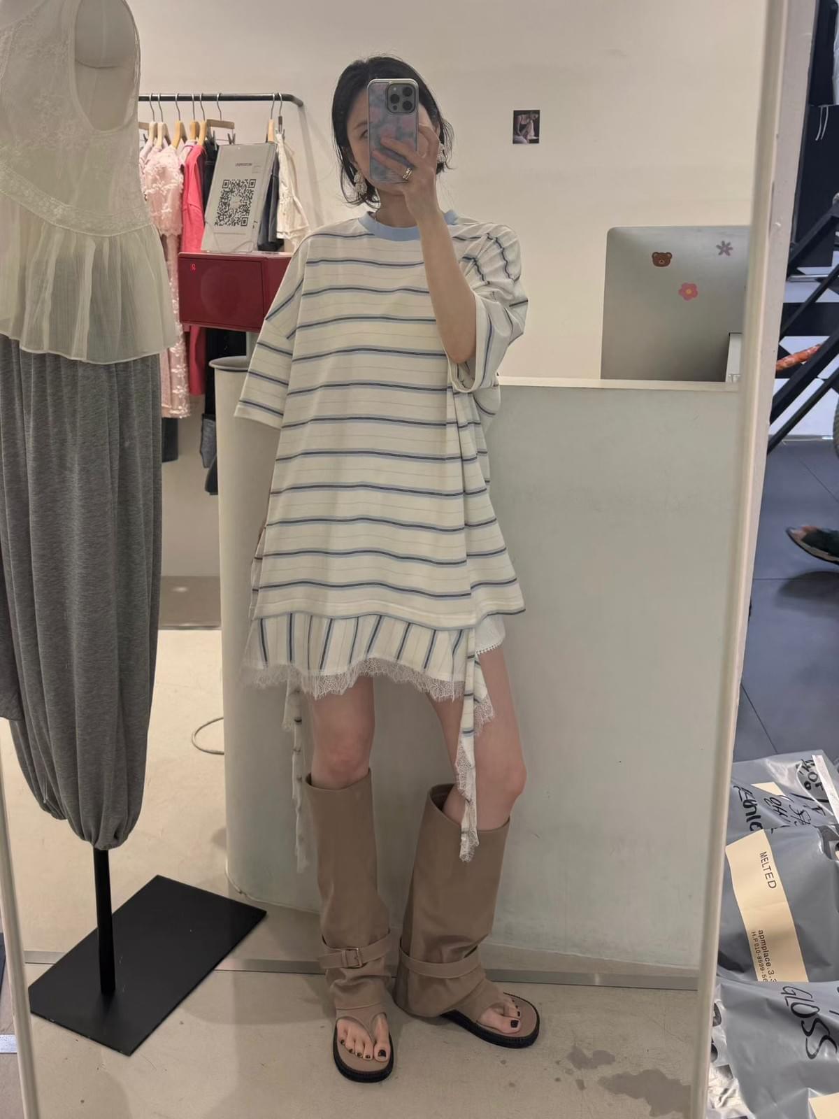 260713 拼接圓領條紋層次連身裙