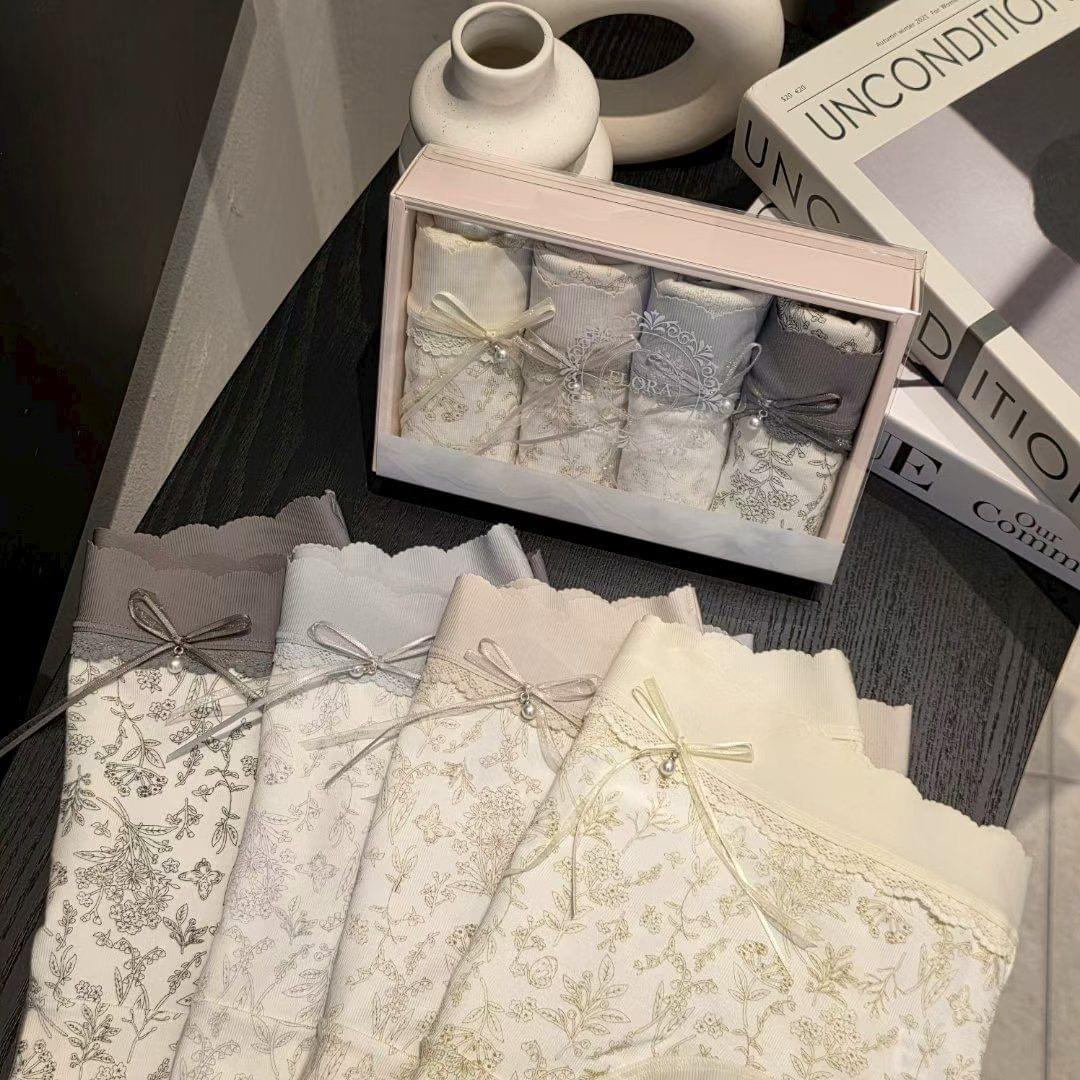 26LP26 親膚棉質宮廷花卉風中腰4件禮盒裝