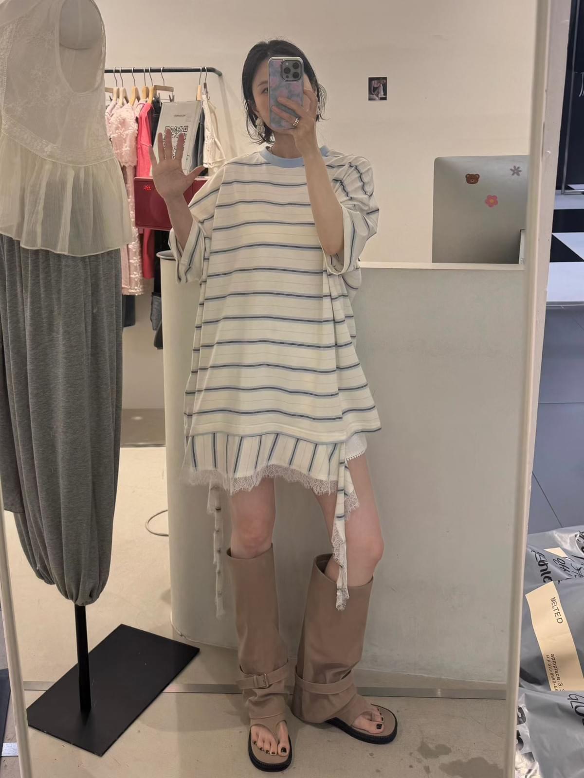 260713 拼接圓領條紋層次連身裙