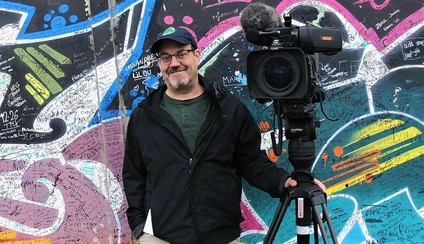 The author with camera in Belfast, Northern Ireland