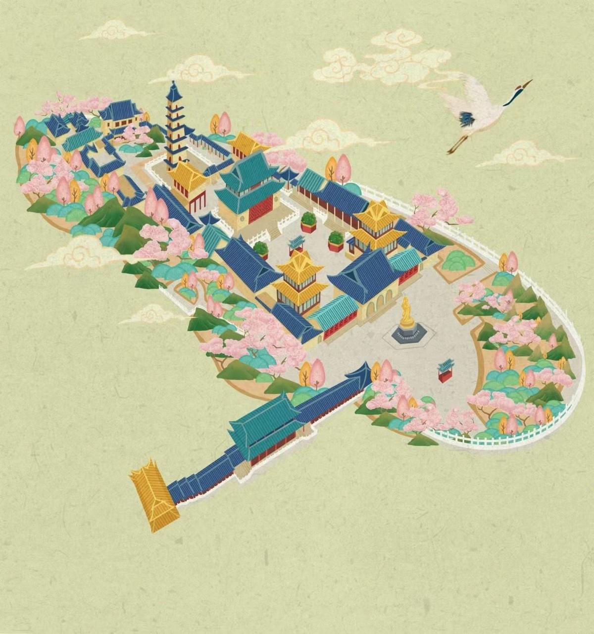 Hand-drawn map of Zhenguo Temple in Yangzhou