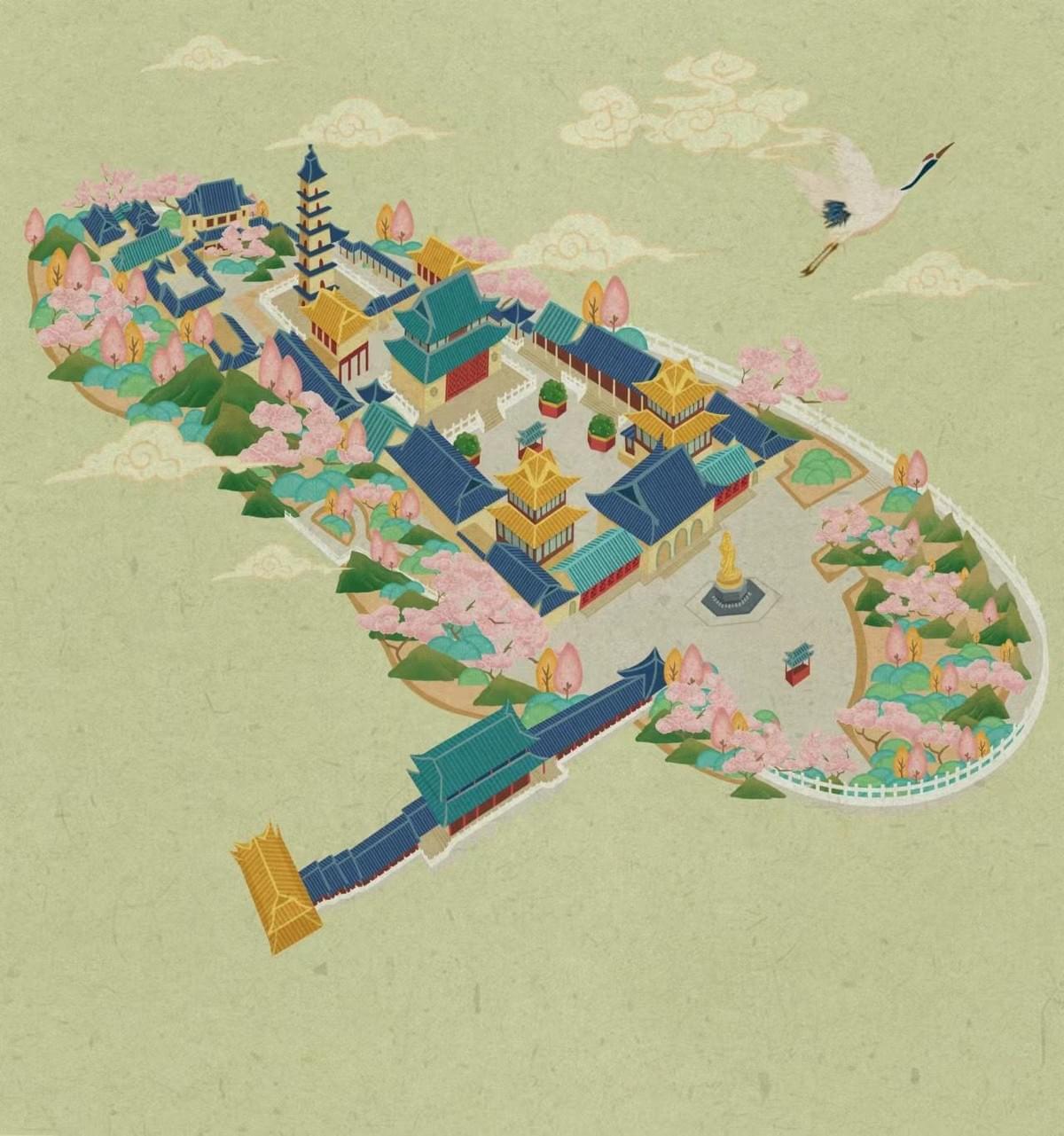 Hand-drawn map of Zhenguo Temple in Yangzhou