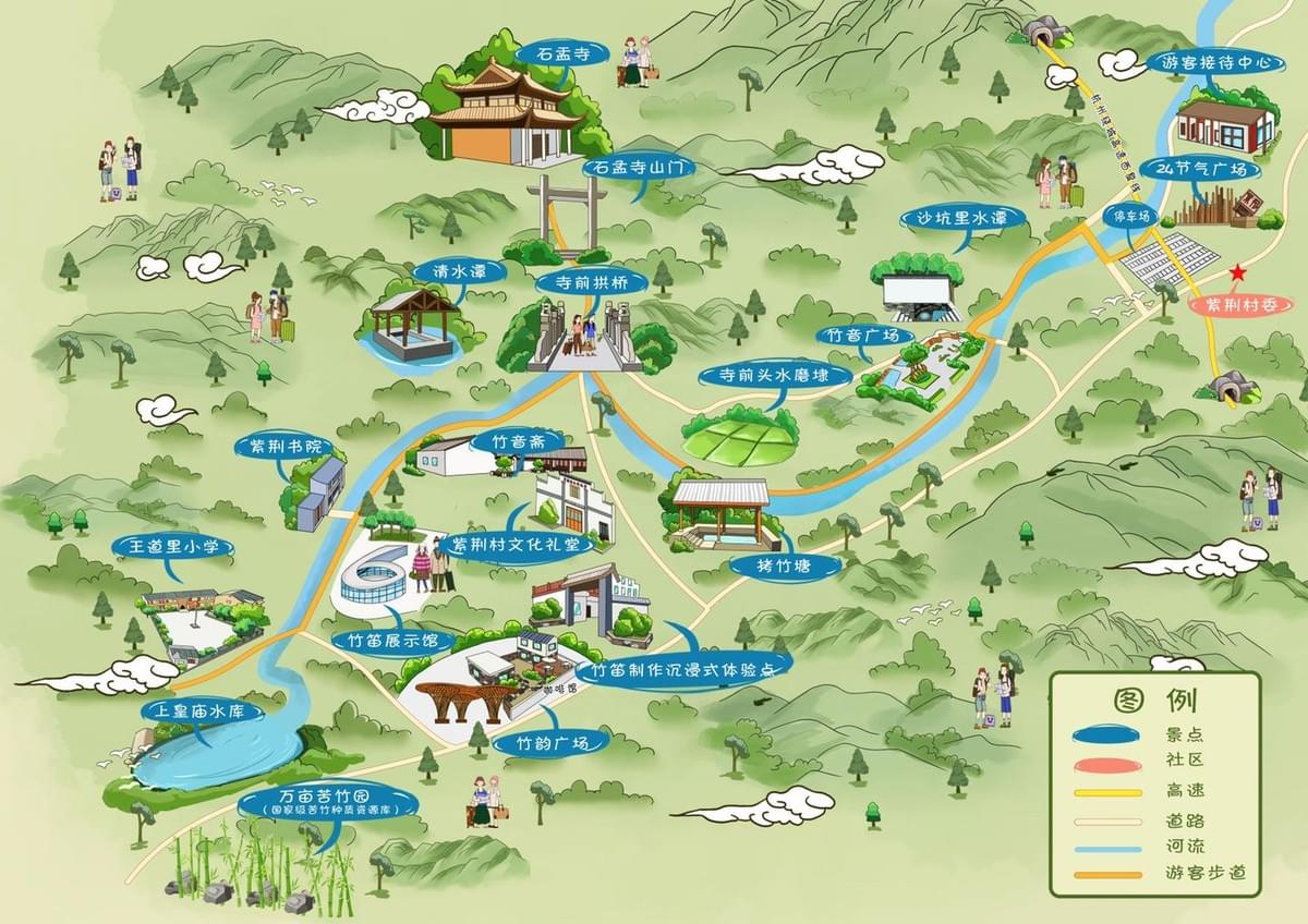 Rural Hand-drawn Map of Zijing Village Scenic Area