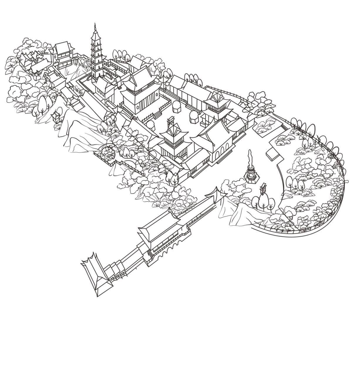 Hand-drawn map of Zhenguo Temple in Yangzhou