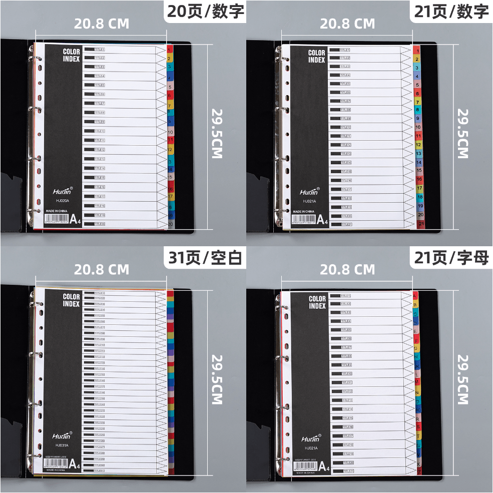 A4 Size Colourful Paper Divider for School Office PP Material Tab File Divider with Index Number for