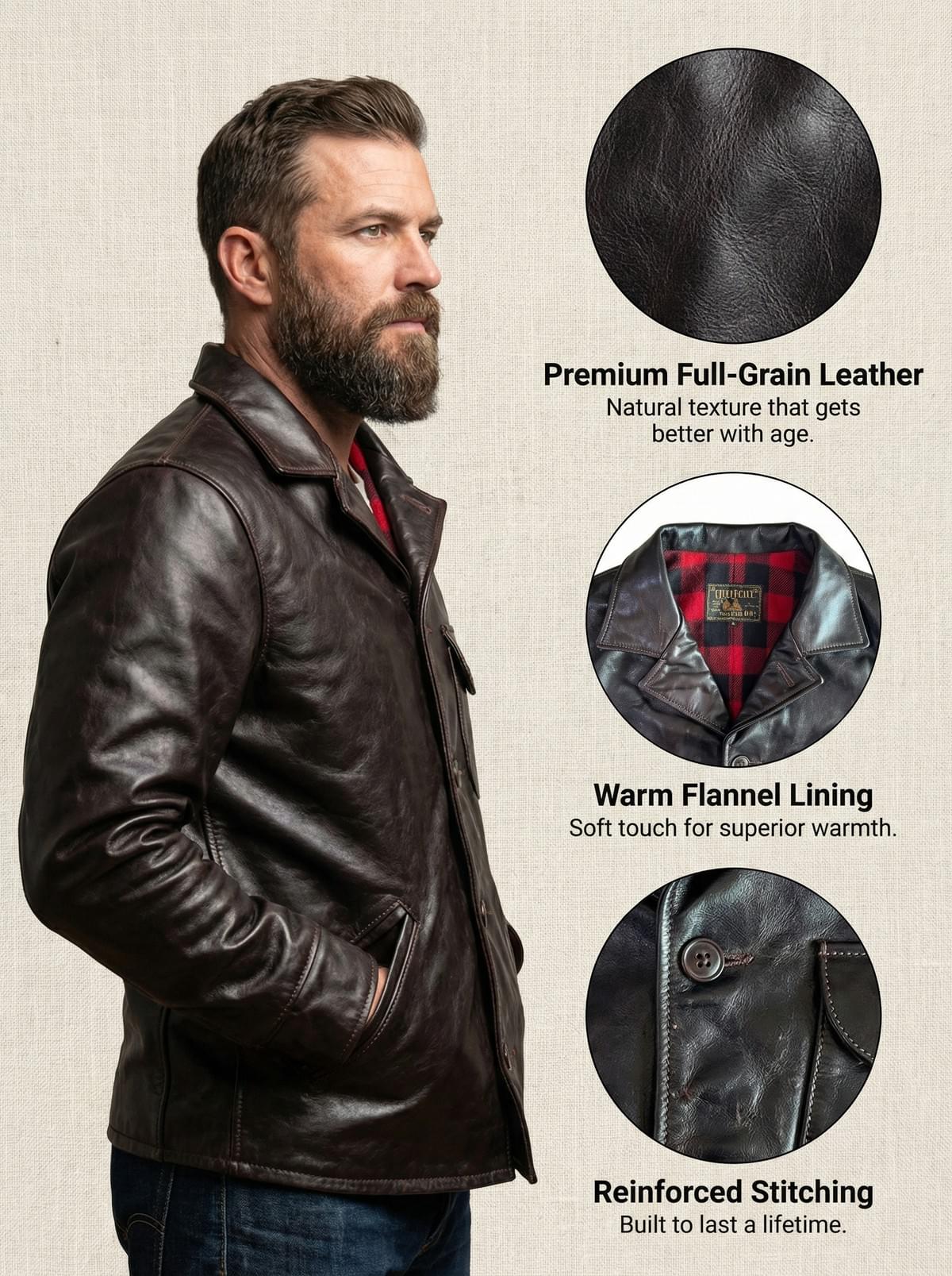 Heritage Full-Grain Leather Jacket – Flannel-Lined Classic for the Modern Gentleman