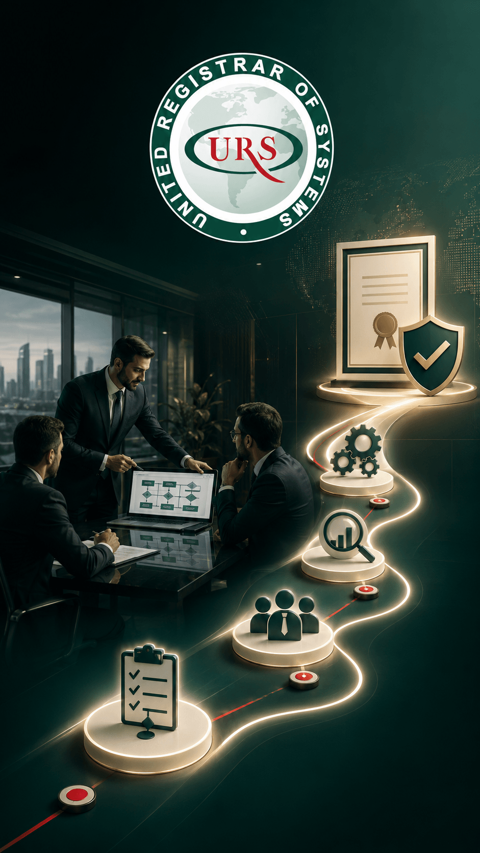 A corporate scene reflecting URS Jordan as a Local Office within URS Holdings UK providing the ISO 9001 Certification pathway, with visual elements suggesting review of activity scope, processes, audit requirements, and assessment within a third-party framework based on impartiality and traceability.