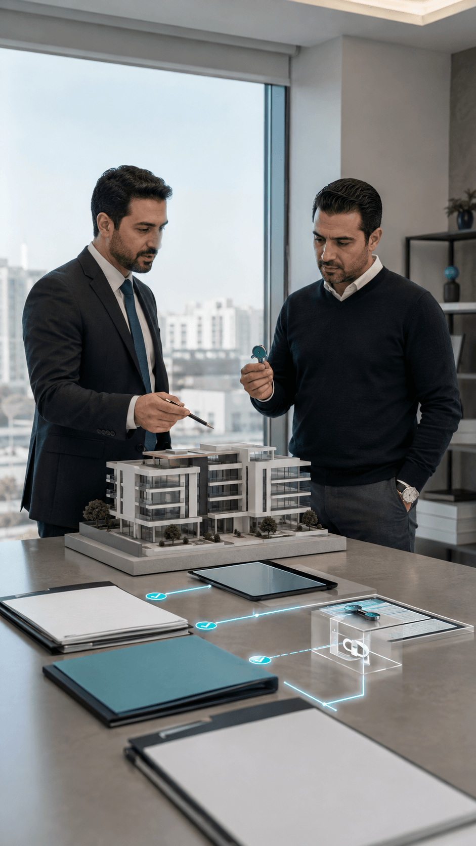 مالك عقار ومدير ممتلكات يراجعان مستندات الأصل وصلاحيات التنفيذ مع بقاء الاعتماد النهائي لبعض القرارات بيد المالك