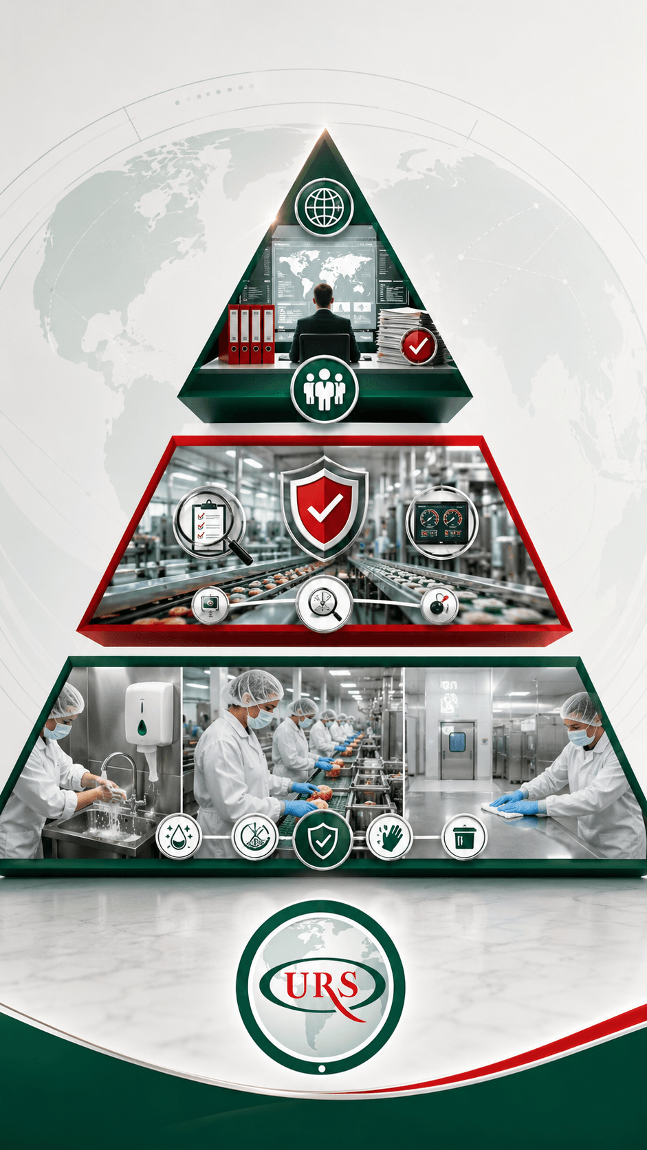 A professional scene reflecting the integration of GHP, HACCP, and ISO 22000 within a food safety system, with visual elements suggesting hygiene practices, hazard analysis, critical control points, and their connection to a comprehensive management methodology based on documentation and continual improvement.