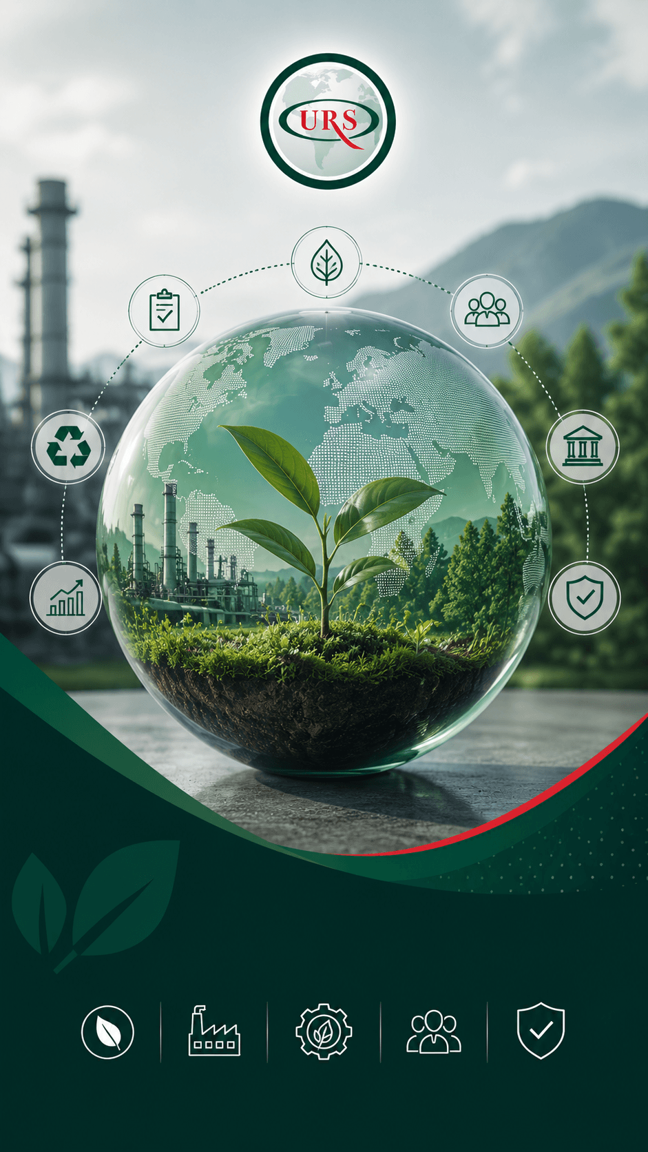 A corporate and industrial scene reflecting the ISO 14001 Environmental Management System, with visual elements suggesting environmental aspects management, regulatory compliance, risk reduction, improved resource efficiency, and reduced waste in energy, water, and waste streams.