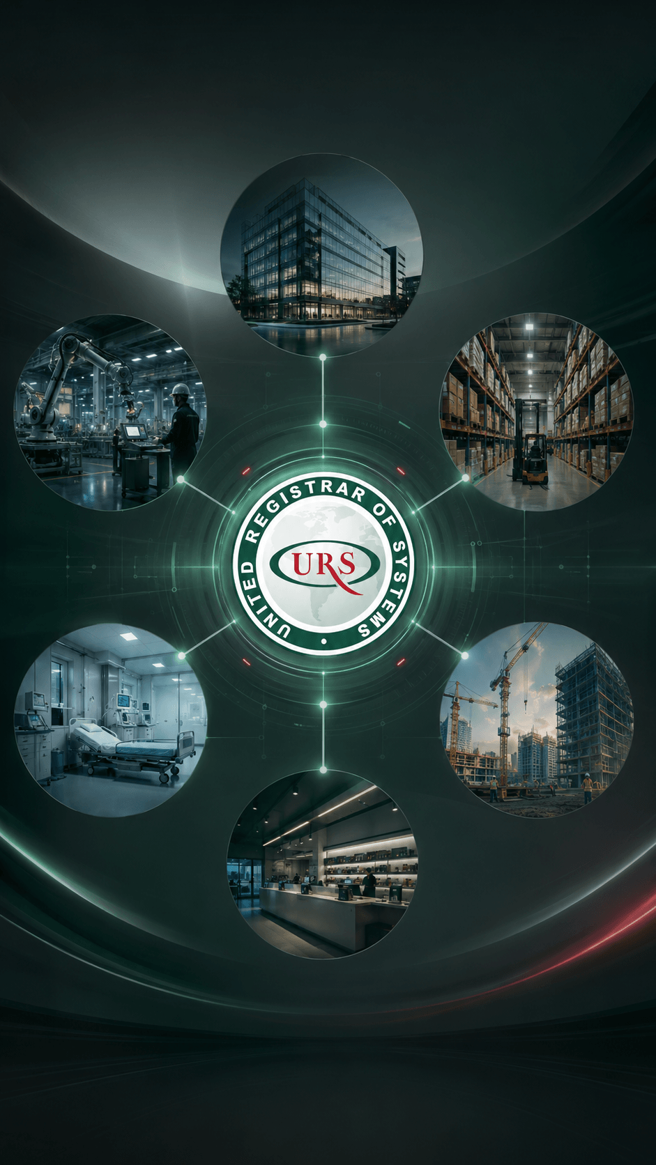 A corporate scene reflecting the diversity of sectors that can implement ISO 9001, such as industry, services, education, healthcare, technology, and commerce, with visual elements suggesting system flexibility and its ability to adapt to the nature and size of each organization.