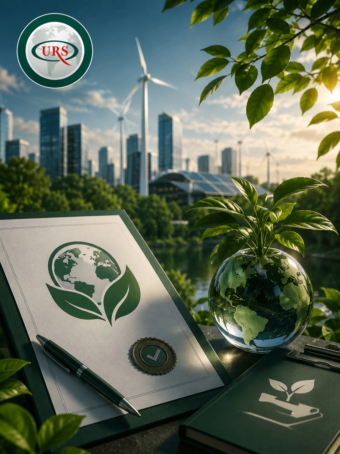A corporate and industrial scene depicting the implementation of the ISO 14001 Environmental Management System, with visual elements suggesting environmental impact management, waste reduction, resource efficiency improvement, and sustainability within a structured environmental compliance framework.