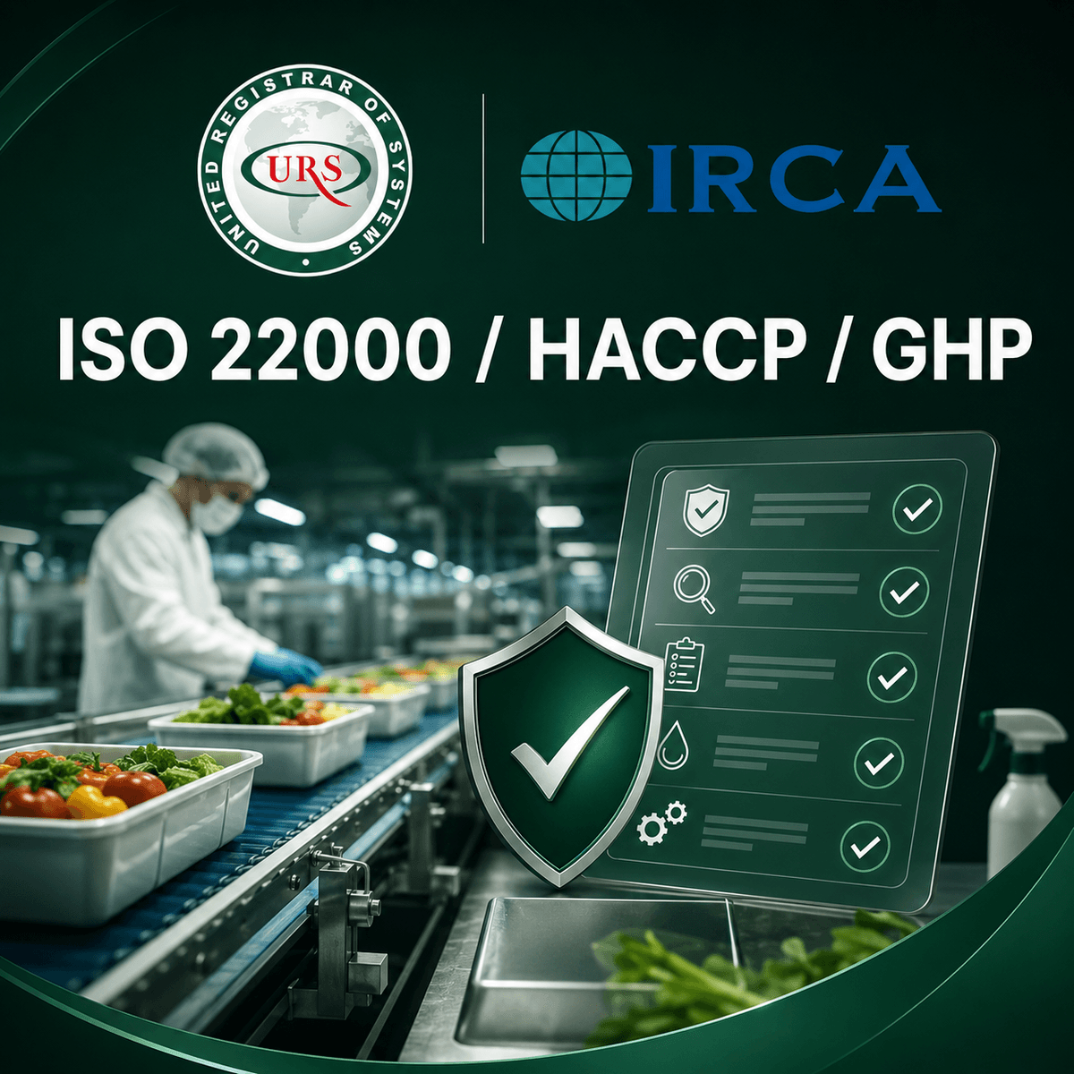 مشهد تدريبي مهني يعكس برامج ISO 22000 وHACCP وGHP في سلامة الغذاء، مع عناصر بصرية توحي بضبط المخاطر وتوثيق الممارسات وربط متطلبات النظام بالتطبيق اليومي في الإنتاج والتخزين والنقل والتصنيع الغذائي.