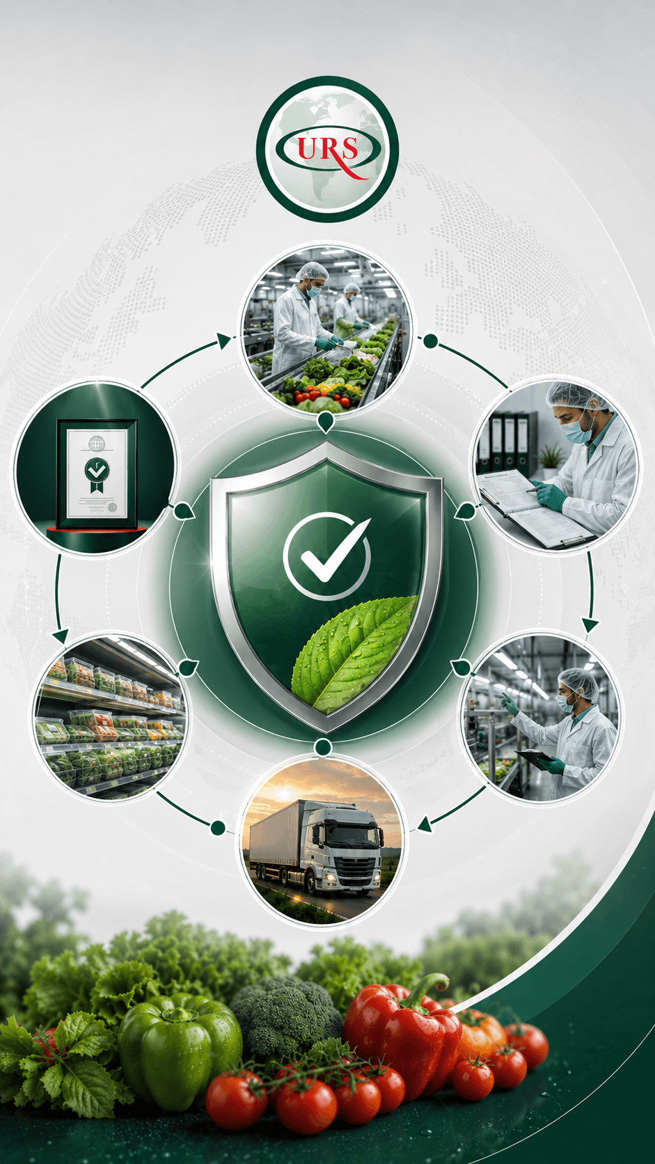 مشهد مهني يعكس مسار اعتماد ISO 22000 للمنشآت الغذائية من خلال URS Jordan، مع عناصر بصرية توحي بدراسة خطوط الإنتاج وتحديد نطاق الشهادة وتنفيذ مراحل التدقيق الميداني والتحقق من الأدلة ضمن إطار طرف ثالث مستقل.