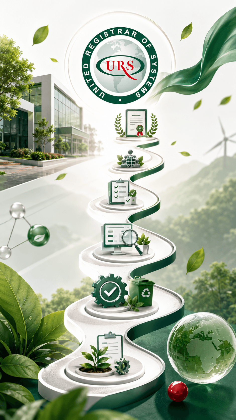 A professional scene reflecting the ISO 14001 certification pathway through URS Jordan, with visual elements suggesting the definition of the environmental management system scope, review of environmental aspects and impacts, audit planning, and evidence verification within an independent third-party framework.