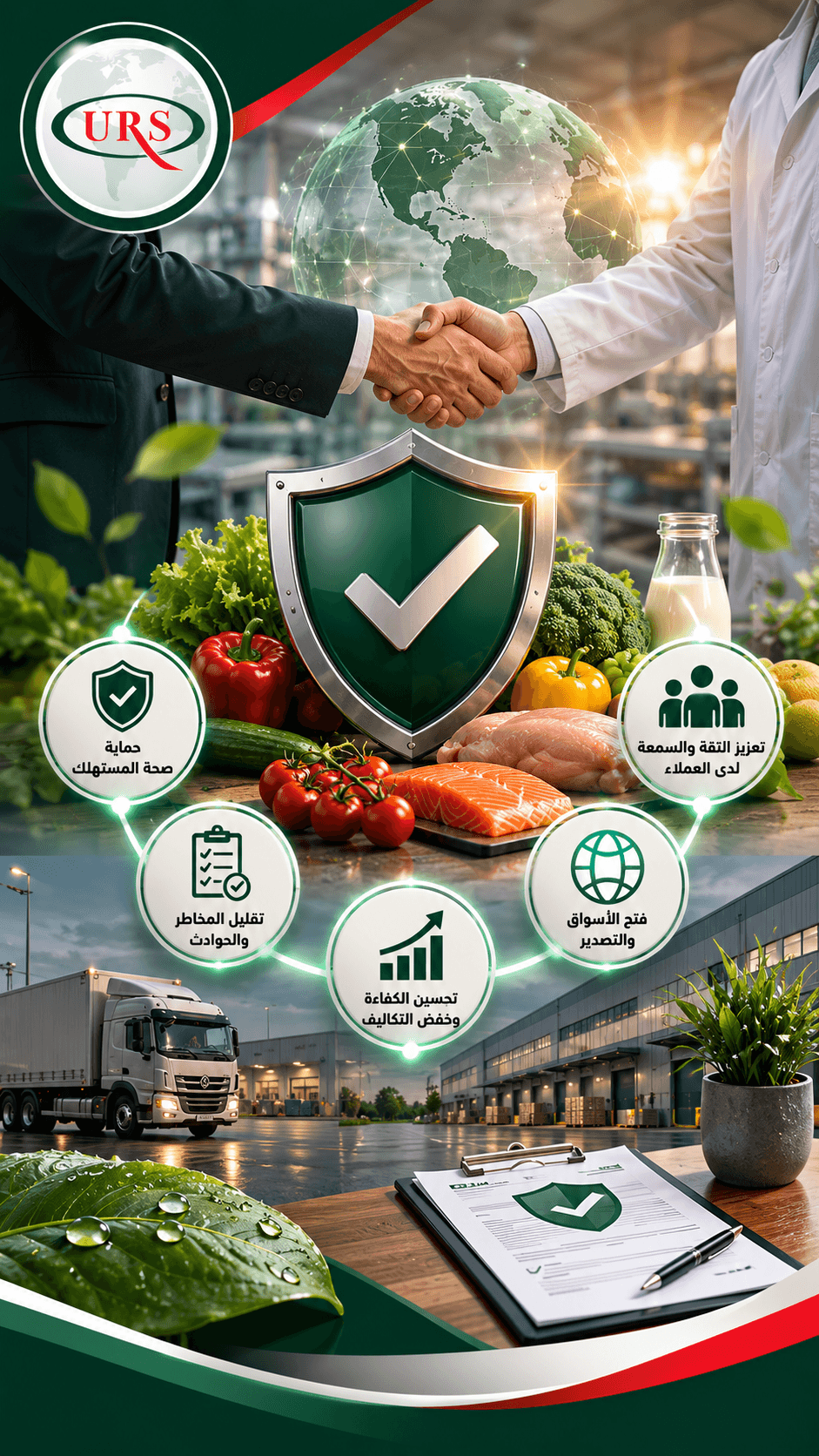 A professional scene reflecting the importance of ISO 22000, HACCP, and GHP food safety systems in qualifying for supply and export contracts, managing traceability, and complying with food regulations, with visual elements suggesting supply chains, international markets, and food product control.