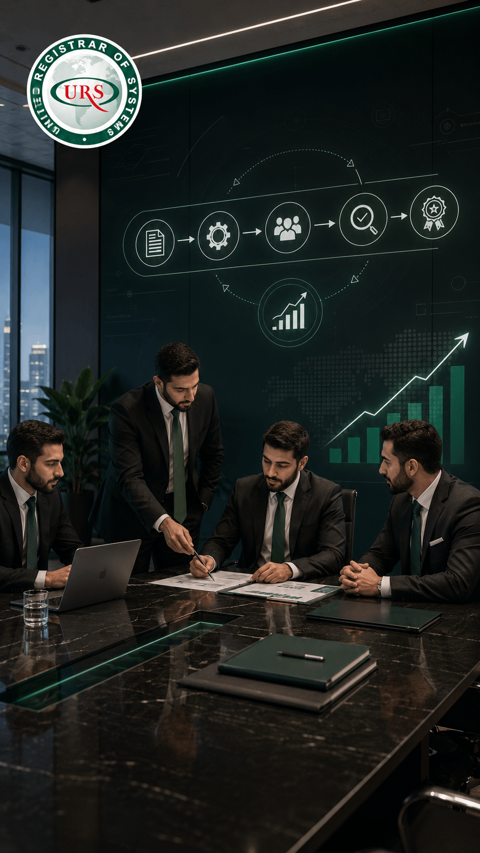 A corporate scene reflecting the benefits of implementing ISO 9001 in improving process quality, increasing consistency across departments, strengthening documentation, and clarifying responsibilities, with visual elements suggesting KPI monitoring, nonconformity handling, and linking quality to daily work.