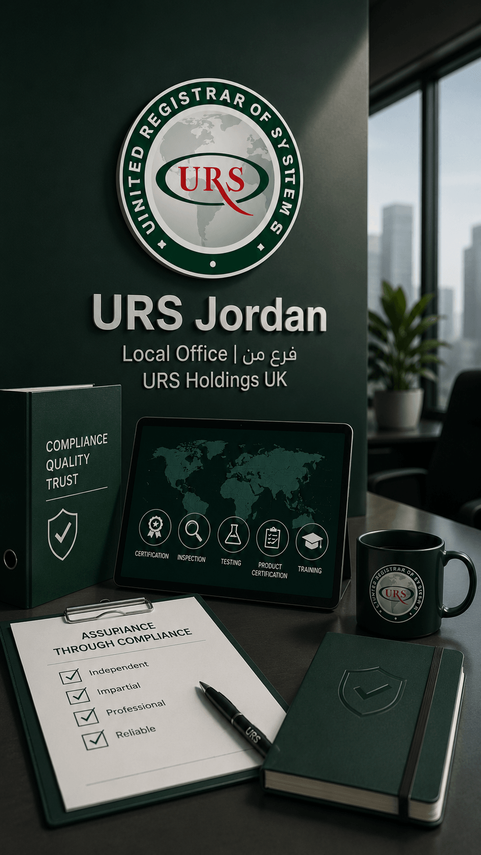 A corporate scene reflecting the core foundations of the ISO 9001 Quality Management System, with visual elements suggesting understanding the organization’s context, defining responsibilities, managing risks, measuring performance, and linking planning, implementation, and continual improvement within an integrated framework.