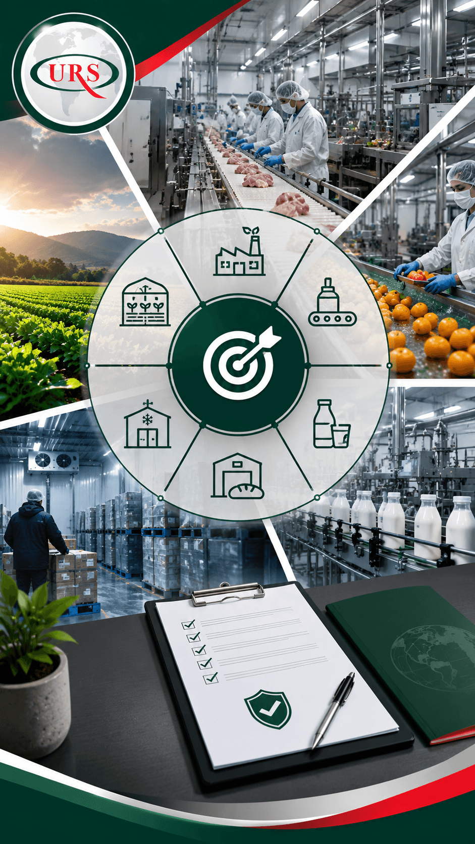 A professional scene reflecting the flexibility of implementing ISO 22000 across different parts of the food chain, with visual elements suggesting food production and packaging lines, cold chains, warehouses, central kitchens, and food safety risk management according to the nature of each activity.