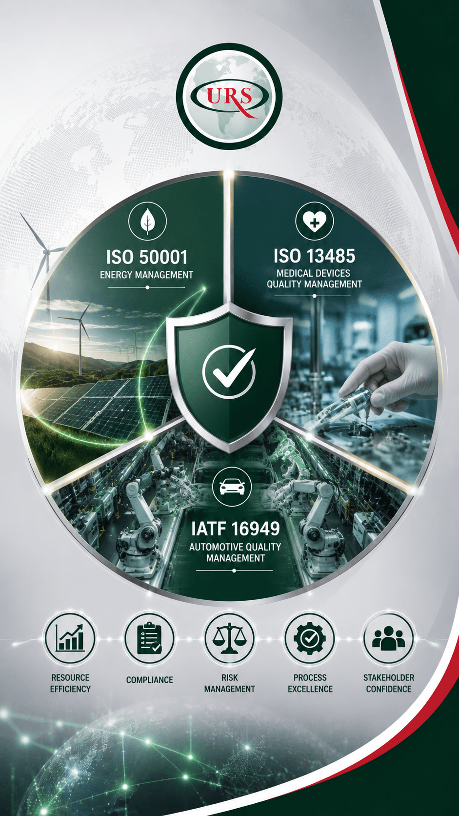 مشهد مهني يعكس المعايير المتخصصة ISO 50001 وISO 13485 في قطاعات الطاقة والرعاية الصحية، مع عناصر بصرية توحي بقياس كفاءة استهلاك الطاقة ومؤشرات الأداء الطاقي من جهة، وحوكمة وتتبع تصميم وتصنيع وتوريد الأجهزة الطبية من جهة أخرى.