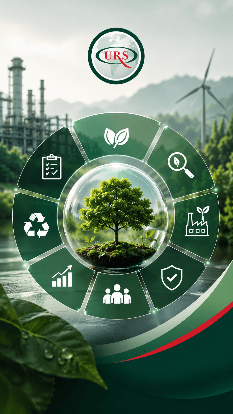 مشهد مؤسسي وصناعي يعكس مرتكزات ISO 14001 ومنهجية PDCA في نظام الإدارة البيئية، مع عناصر بصرية توحي بحصر الجوانب والآثار البيئية وتقييم المخاطر ودمج المسؤولية البيئية في قرارات الإدارة والعمليات اليومية.