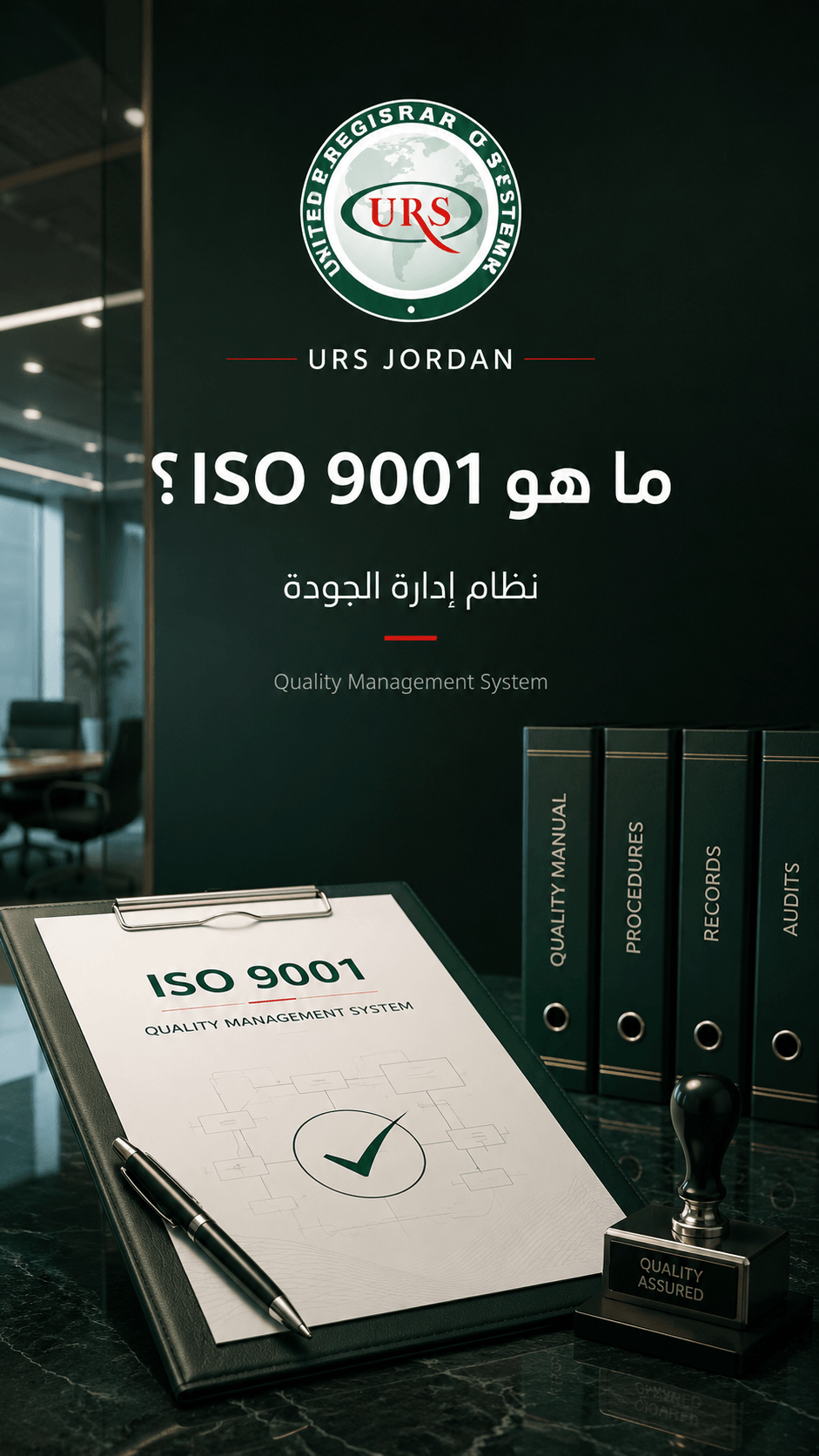 A corporate scene reflecting the ISO 9001 Quality Management System within a professional work environment, with visual elements suggesting process organization, responsibility clarification, performance monitoring, and continual improvement within an interconnected workflow cycle.
