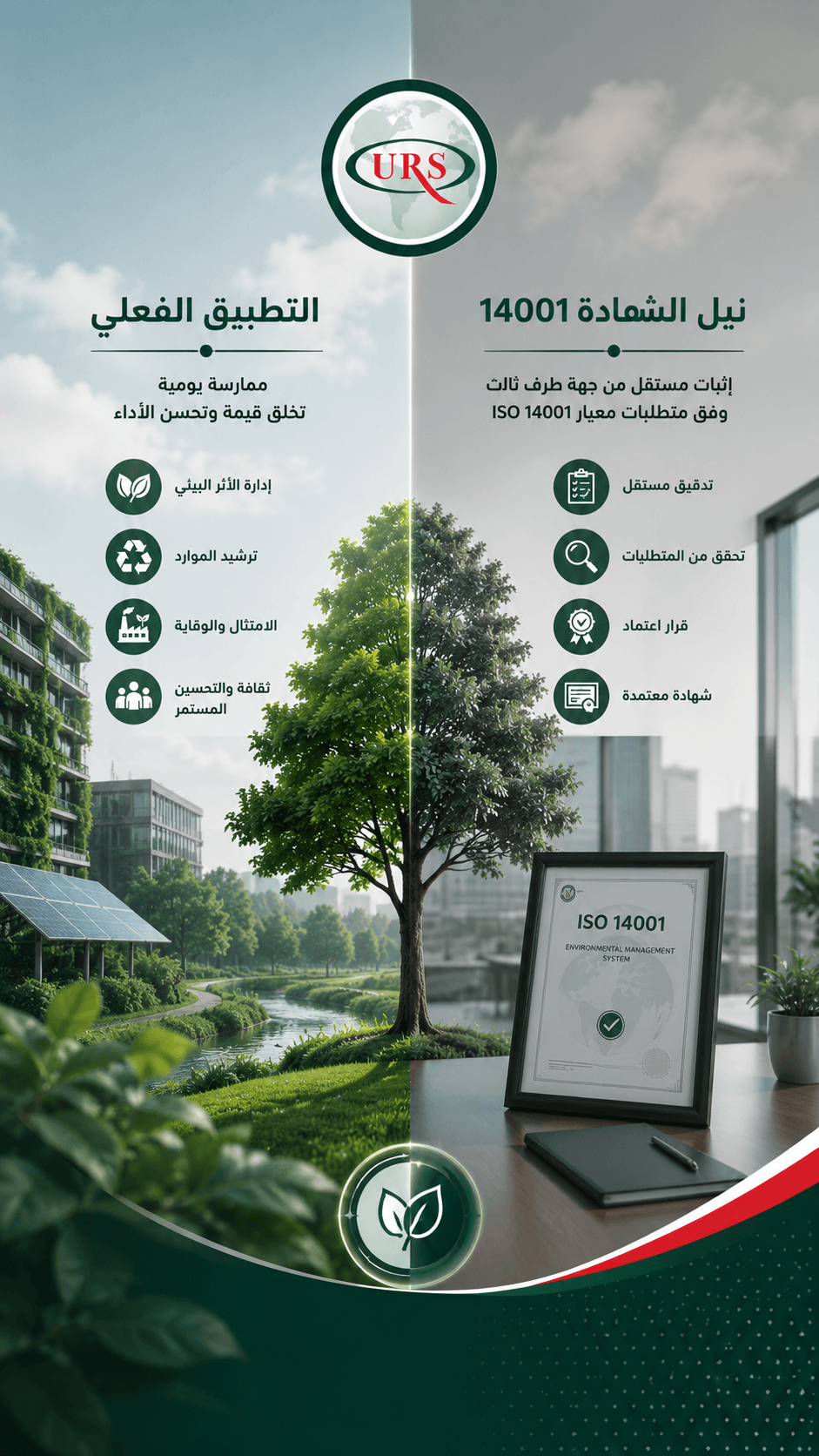 A professional scene reflecting the difference between implementing the ISO 14001 environmental management system within an organization and the pathway to obtaining certification, with visual elements suggesting internal process development and identification of environmental aspects versus independent auditing and evidence review by a third-party body.