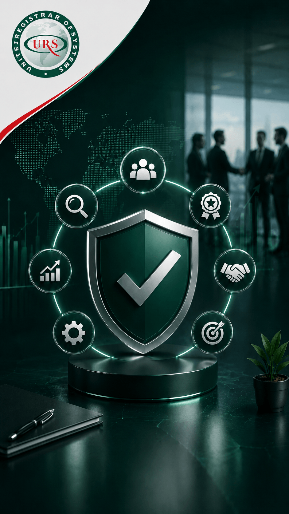 مشهد مؤسسي يعكس عوامل نجاح تطبيق ISO 9001 داخل المؤسسة، مع عناصر بصرية توحي بوضوح الهدف والتزام الإدارة وفهم العمليات ومشاركة الفرق وتحديد نطاق التطبيق وقياس التحسين ضمن نظام إدارة جودة عملي.