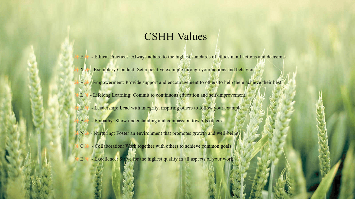 ✨️E✨️ - Ethical Practices: Always adhere to the highest standards of ethics in all actions and decisions.  ✨️X✨️- Exemplary Conduct: Set a positive example through your actions and behavior.  ✨️E✨️- Empowerment: Provide support and encouragement to others to help them achieve their best.  ✨️L✨️- Lifelong Learning: Commit to continuous education and self-improvement.  ✨️L✨️ - Leadership: Lead with integrity, inspiring others to follow your example.  ✨️E✨️ - Empathy: Show understanding and compassion towards others.  ✨️N✨️- Nurturing: Foster an environment that promotes growth and well-being.  ✨️C✨️ - Collaboration: Work together with others to achieve common goals.  ✨️E✨️ - Excellence: Strive for the highest quality in all aspects of your work.