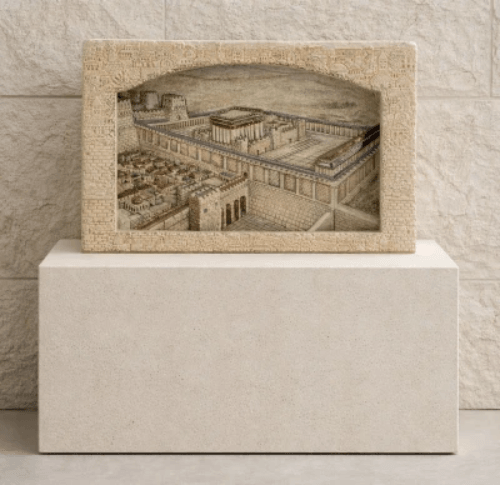 תבליט תלת־ממדי של מתחם בית המקדש עם חומות ומבנים בירושלים העתיקה
