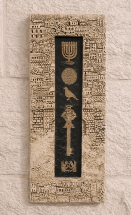 תבליט אנכי עם סמלים יהודיים, כולל מנורה ומפתח, על רקע תבליטי מבנים