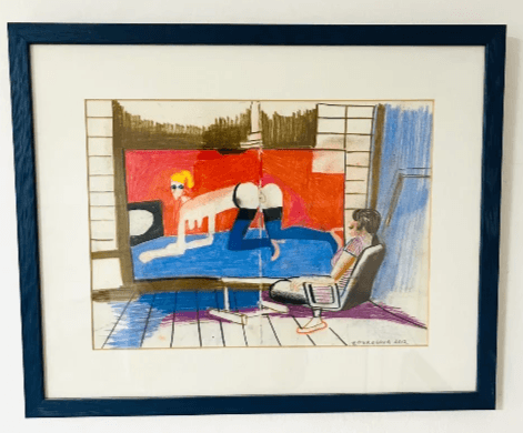 ציור של סצנה פנימית עם דמות יושבת מול דמות נוספת, בצבעים אדום, כחול וצהוב