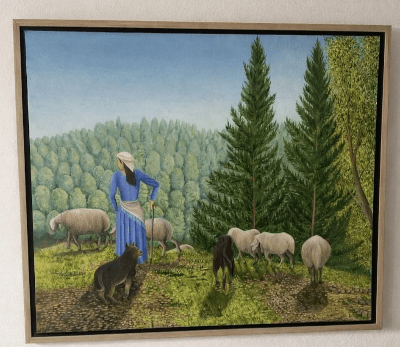 ציור של רועה צאן עומד בנוף ירוק עם עדר כבשים ועצים גבוהים