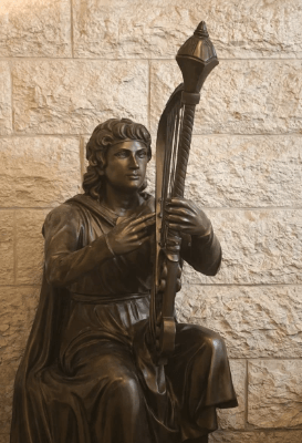 פסל ברונזה של דמות יושבת האוחזת בכלי מיתר, על רקע קיר אבן