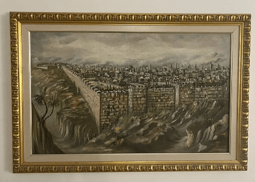 ציור של חומת ירושלים והעיר העתיקה עם מבנים צפופים ונוף הררי ברקע