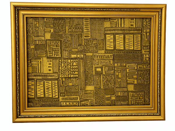 ציור מופשט בגווני זהב ושחור עם דפוסים גיאומטריים מלבניים