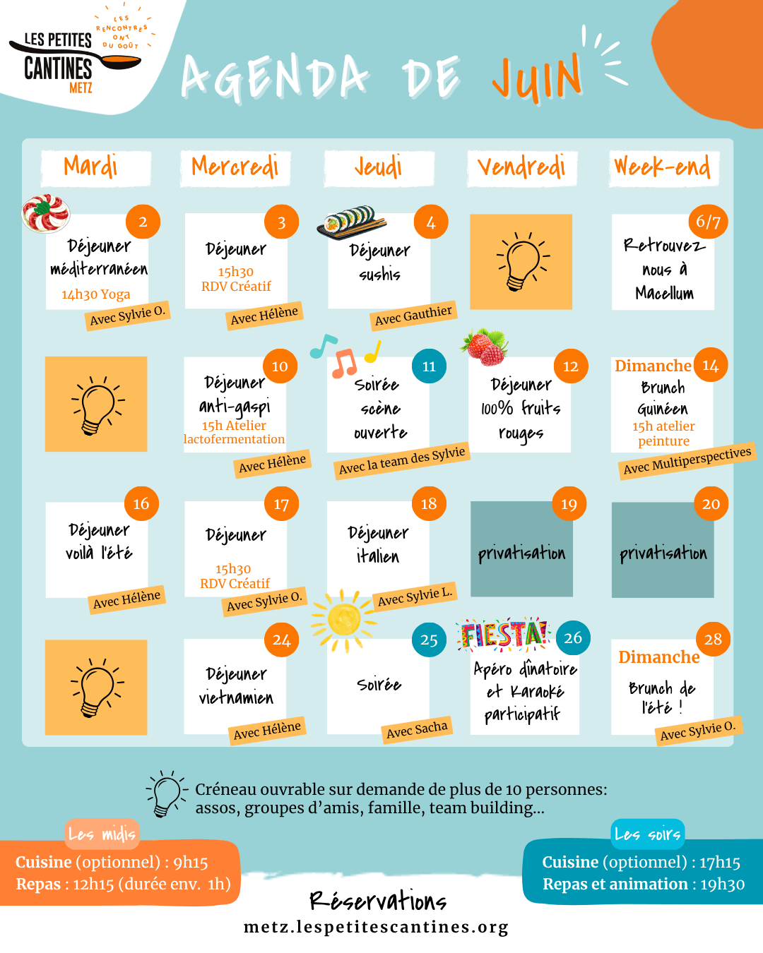 Agenda d’avril des Petites Cantines Metz présenté sous forme de calendrier avec plusieurs rendez-vous culinaires et conviviaux : le 6 avril, brunch de Pâques avec Pierre et Sylvie ; le 7 avril, midi 100% citron ; le 8 avril, midi et rendez-vous créatif à 15h30 ; le 9 avril, midi “voilà le printemps !” et soirée scène ouverte ; le 11 avril, soirée accord mets bières avec Brassage de Cultures ; le 14 avril, midi vacances en Ardèche et yoga à 14h30 ; le 15 avril, midi ; le 16 avril, midi “vamos a Argentina !” ; le 19 avril, brunch drag avec Queerdom ; le 21 avril, midi ; le 22 avril, midi destination Bollywood et rendez-vous créatif à 15h30 ; le 23 avril, soirée tea-time et tapas ; le 26 avril, brunch zéro déchet avec Zero Waste Metz ; le 28 avril, midi “la cantine en mieux” ; le 29 avril, midi ; le 30 avril, midi indien. En bas, les contacts de réservation : metz.lespetitescantines.org, 06.42.14.29.97 et metz@lespetitescantines.org.