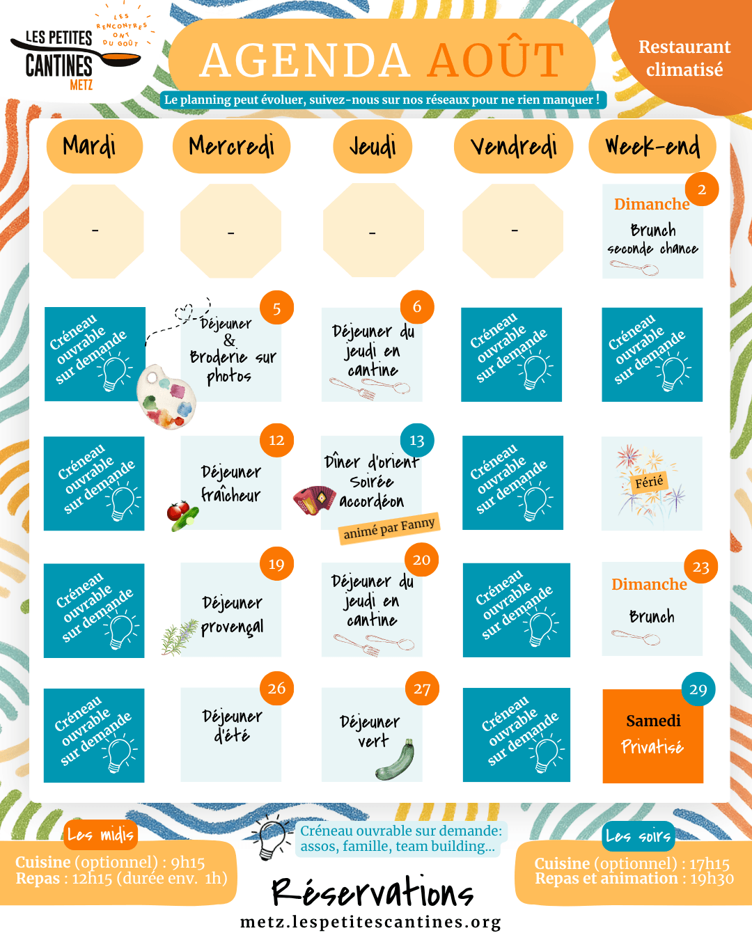 Agenda d’avril des Petites Cantines Metz présenté sous forme de calendrier avec plusieurs rendez-vous culinaires et conviviaux : le 6 avril, brunch de Pâques avec Pierre et Sylvie ; le 7 avril, midi 100% citron ; le 8 avril, midi et rendez-vous créatif à 15h30 ; le 9 avril, midi “voilà le printemps !” et soirée scène ouverte ; le 11 avril, soirée accord mets bières avec Brassage de Cultures ; le 14 avril, midi vacances en Ardèche et yoga à 14h30 ; le 15 avril, midi ; le 16 avril, midi “vamos a Argentina !” ; le 19 avril, brunch drag avec Queerdom ; le 21 avril, midi ; le 22 avril, midi destination Bollywood et rendez-vous créatif à 15h30 ; le 23 avril, soirée tea-time et tapas ; le 26 avril, brunch zéro déchet avec Zero Waste Metz ; le 28 avril, midi “la cantine en mieux” ; le 29 avril, midi ; le 30 avril, midi indien. En bas, les contacts de réservation : metz.lespetitescantines.org, 06.42.14.29.97 et metz@lespetitescantines.org.