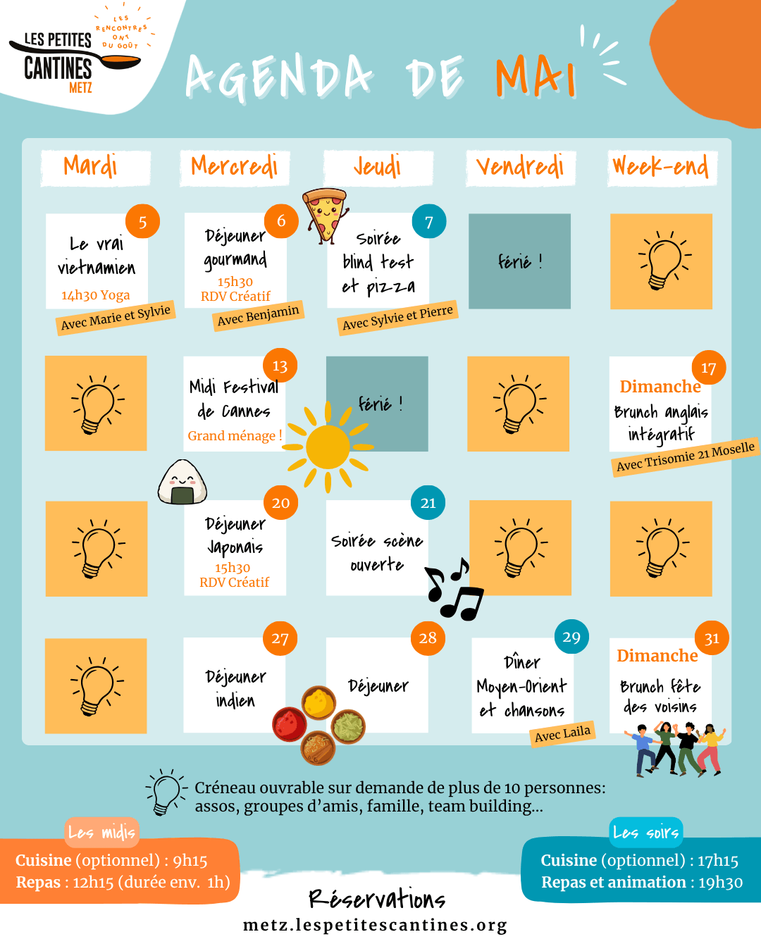 Agenda d’avril des Petites Cantines Metz présenté sous forme de calendrier avec plusieurs rendez-vous culinaires et conviviaux : le 6 avril, brunch de Pâques avec Pierre et Sylvie ; le 7 avril, midi 100% citron ; le 8 avril, midi et rendez-vous créatif à 15h30 ; le 9 avril, midi “voilà le printemps !” et soirée scène ouverte ; le 11 avril, soirée accord mets bières avec Brassage de Cultures ; le 14 avril, midi vacances en Ardèche et yoga à 14h30 ; le 15 avril, midi ; le 16 avril, midi “vamos a Argentina !” ; le 19 avril, brunch drag avec Queerdom ; le 21 avril, midi ; le 22 avril, midi destination Bollywood et rendez-vous créatif à 15h30 ; le 23 avril, soirée tea-time et tapas ; le 26 avril, brunch zéro déchet avec Zero Waste Metz ; le 28 avril, midi “la cantine en mieux” ; le 29 avril, midi ; le 30 avril, midi indien. En bas, les contacts de réservation : metz.lespetitescantines.org, 06.42.14.29.97 et metz@lespetitescantines.org.
