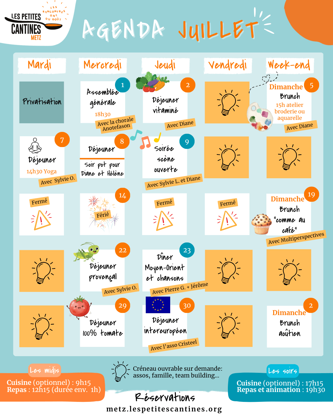Agenda d’avril des Petites Cantines Metz présenté sous forme de calendrier avec plusieurs rendez-vous culinaires et conviviaux : le 6 avril, brunch de Pâques avec Pierre et Sylvie ; le 7 avril, midi 100% citron ; le 8 avril, midi et rendez-vous créatif à 15h30 ; le 9 avril, midi “voilà le printemps !” et soirée scène ouverte ; le 11 avril, soirée accord mets bières avec Brassage de Cultures ; le 14 avril, midi vacances en Ardèche et yoga à 14h30 ; le 15 avril, midi ; le 16 avril, midi “vamos a Argentina !” ; le 19 avril, brunch drag avec Queerdom ; le 21 avril, midi ; le 22 avril, midi destination Bollywood et rendez-vous créatif à 15h30 ; le 23 avril, soirée tea-time et tapas ; le 26 avril, brunch zéro déchet avec Zero Waste Metz ; le 28 avril, midi “la cantine en mieux” ; le 29 avril, midi ; le 30 avril, midi indien. En bas, les contacts de réservation : metz.lespetitescantines.org, 06.42.14.29.97 et metz@lespetitescantines.org. Agenda d’avril des Petites Cantines Metz présenté sous forme de calendrier avec plusieurs rendez-vous culinaires et conviviaux : le 6 avril, brunch de Pâques avec Pierre et Sylvie ; le 7 avril, midi 100% citron ; le 8 avril, midi et rendez-vous créatif à 15h30 ; le 9 avril, midi “voilà le printemps !” et soirée scène ouverte ; le 11 avril, soirée accord mets bières avec Brassage de Cultures ; le 14 avril, midi vacances en Ardèche et yoga à 14h30 ; le 15 avril, midi ; le 16 avril, midi “vamos a Argentina !” ; le 19 avril, brunch drag avec Queerdom ; le 21 avril, midi ; le 22 avril, midi destination Bollywood et rendez-vous créatif à 15h30 ; le 23 avril, soirée tea-time et tapas ; le 26 avril, brunch zéro déchet avec Zero Waste Metz ; le 28 avril, midi “la cantine en mieux” ; le 29 avril, midi ; le 30 avril, midi indien. En bas, les contacts de réservation : metz.lespetitescantines.org, 06.42.14.29.97 et metz@lespetitescantines.org.