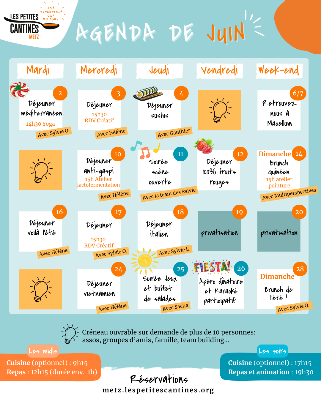 Agenda d’avril des Petites Cantines Metz présenté sous forme de calendrier avec plusieurs rendez-vous culinaires et conviviaux : le 6 avril, brunch de Pâques avec Pierre et Sylvie ; le 7 avril, midi 100% citron ; le 8 avril, midi et rendez-vous créatif à 15h30 ; le 9 avril, midi “voilà le printemps !” et soirée scène ouverte ; le 11 avril, soirée accord mets bières avec Brassage de Cultures ; le 14 avril, midi vacances en Ardèche et yoga à 14h30 ; le 15 avril, midi ; le 16 avril, midi “vamos a Argentina !” ; le 19 avril, brunch drag avec Queerdom ; le 21 avril, midi ; le 22 avril, midi destination Bollywood et rendez-vous créatif à 15h30 ; le 23 avril, soirée tea-time et tapas ; le 26 avril, brunch zéro déchet avec Zero Waste Metz ; le 28 avril, midi “la cantine en mieux” ; le 29 avril, midi ; le 30 avril, midi indien. En bas, les contacts de réservation : metz.lespetitescantines.org, 06.42.14.29.97 et metz@lespetitescantines.org.